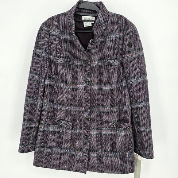 Worth Black Cherry Wool Silk Plaid Blazer Pea Overcoat Plus 16 NWT Dark Academia - Picture 1 of 8